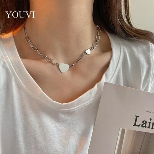 YOUVI Matter Chain Necklace for Women Silver Color Sweet Heart Pedant Lovers Necklace Jewelry Fashion Korea Simple Neck Chains