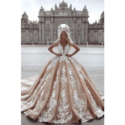 Hot Sexy Ball Gown Wedding Dress Sleeveless Appliques Deep V neck Long Train Beidal Wedding Gowns Robe De Mariee