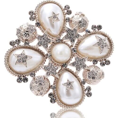Beautiful Star CZ White Pearl Brooches Crystal for Women Vintage Men Lapel Pins Brooches for Suit Accessories Scarf Clip Jewelry