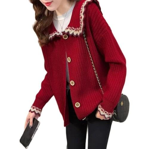 Red Sweater Womens Single-breasted Cardigan Jacket Autumn Long Sleeved Doll Collar Knitted Cardigans Sweaters Coat Girl Tops 92