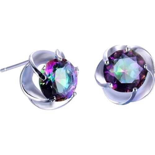 Mystic Rainbow Round Stone Small Earrings Vintage Fashion Silver Color Multicolor Crystal Zircon Stud Earrings For Women Wedding