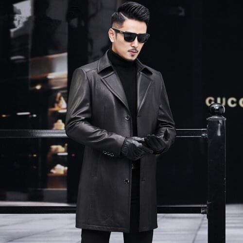 Haining leather leather mens sheep leather jacket mid-length suit lapel windbreaker autumn and winter thin middle-aged jacket