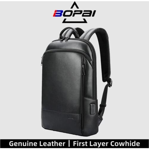 BOPAI Men Genuine Leather Backpack 100% Natural cowhide Business Travel Bag Slim Laptop USB Charging Anti Theft Backpacks School