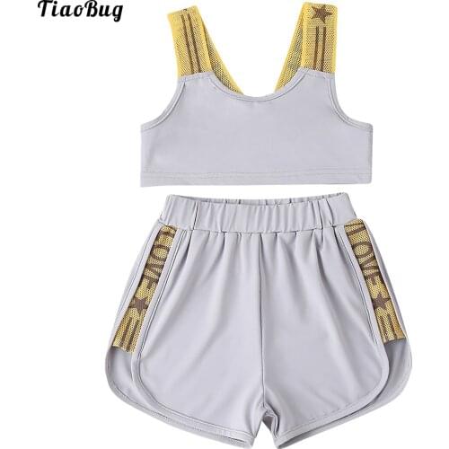 Summer 2Pcs Kids Girls Sport Suit U Neck Sleeveless Shoulder Straps Open Upper Back Stitching Breathable Net Vest Top Shorts Set