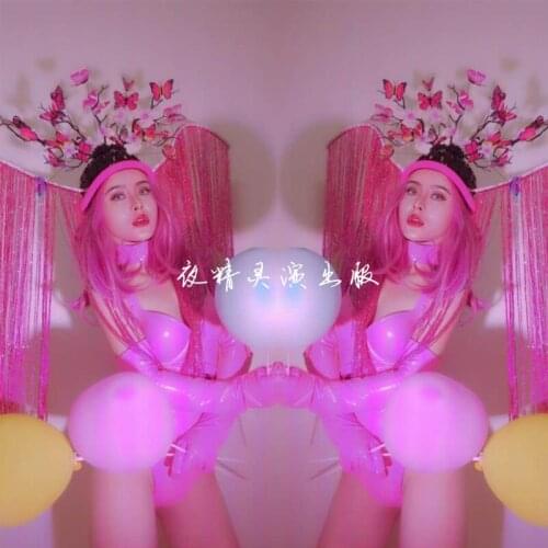 Nightclub Female Singer Pink Fringe Glowing Headdress Sexy Bodysuit Suit Jazz/Pole Dance Costumes Festival Rave Outfits DWY4903