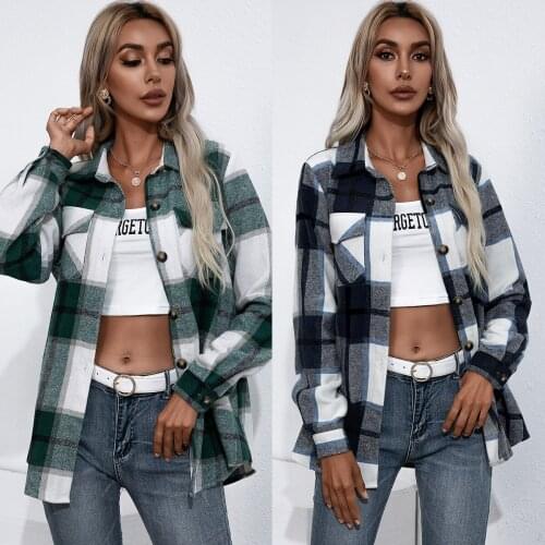 Fall 2021 Womens Fashion Long-Sleeved Print Stitching Blouses Thick Cashmere Clothes Plaid Coat Loose Tops Casual Shirts Jacket