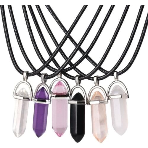 Hexagonal Column Natural Crystal Turquoises Optal Glass Stone Pendant Necklace Leather Chains Choker Necklace For Women Gift