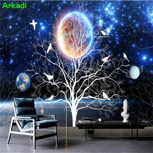 Custom 3D Photo Wallpaper Modern Abstract Art Blue Fantasy Starry Simple Small Tree Flowers Night Home Decoration Mural