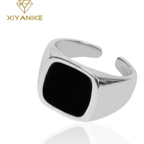 XIYANIKE 925 Sterling Silver Black Epoxy Zircon Square Ring Neutral Simple Fashion Trend Open Personality Handmade Jewelry Gift