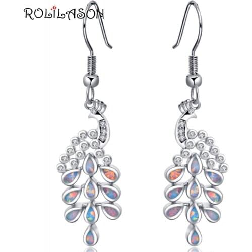 ROLILASON The new peacock design is for ladies White Fire Opal Silver Drop Earrings Fashion Jewelry OE702