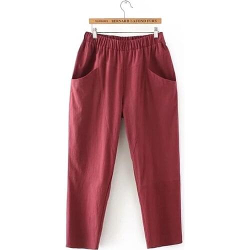 Plus size Wide Leg Loose Women Pants Big Pockets Cotton Linen Ankle-length Casual Loose Trouser