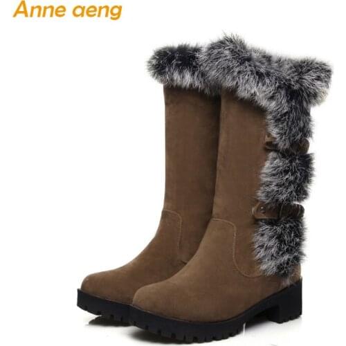 Warm Winter boots Mid-Calf with rabbit fur plush insole platform casual women shoes Middle square heel Black Women Winter Shoes