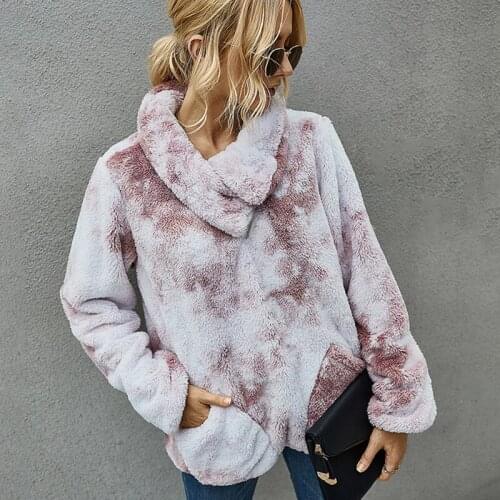Tie Dye Printed Hoodies Sweatshirts Women Winter Warm Plush Pullover Tops Hoodies Soft Plush Casual Sweatshirt Hoodies Coats