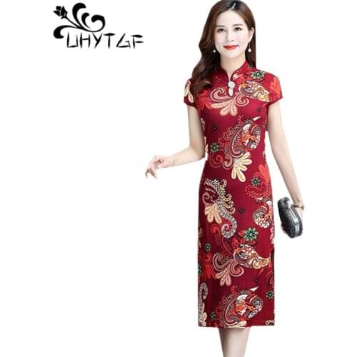 UHYTGF Summer dress women fashion print plus size dresses red green elegant Female dress ethnic style cheongsam thin dresses 658