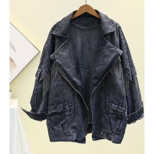 Mid-length Fashion Chain Tassel Jeans Jackets Women Harajuku Loose Oversized Long sleeve Denim jacket Female Casual Spring 2021