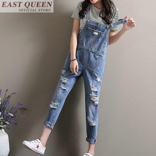 Womens jumpsuits 2018 ankle-length pants solid business overalls pockets straight ripped female denim rompers DD681 L