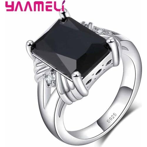 Elegant Mysterious Black Square Crystal Ring For Women Anniversary Jewelry 925 Sterling Silver Cubic Zirconia