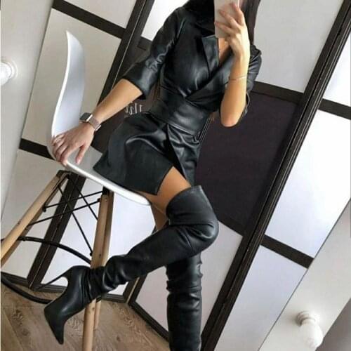 Faux PU Leather Bandage Women Dress Ladies Jacket Short Dress Belt Streetwear Female Solid Color Leather Suit Collar Sexy Dress