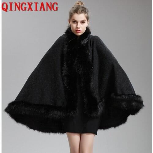 Winter Cape Thick Black Grey Red Loose Coat 2021 Poncho Women Faux Fur Big Collar Plus Size Big Pendulum Dovetail Cardigan