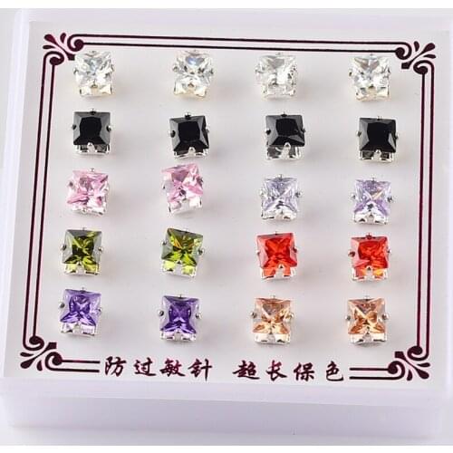 10pairs/set Candy Cubic Zirconia Square CZ Stud Earrings Set For Women Silver Color Crystal Rhinestone Earrings Brinco Jewelry