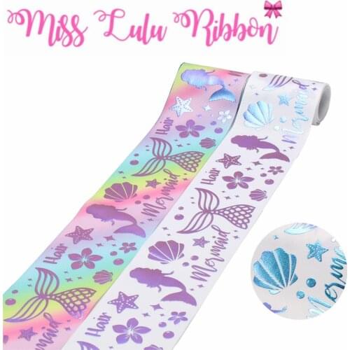 3"75mm Cartoon Mermaid Rainbow Hologram Foil Shell Scale Printed Solid White Color Grosgrain Ribbon DIY Hair Bands 50yards/roll