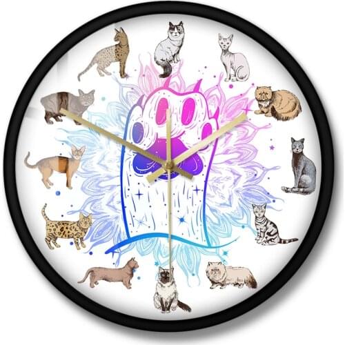 Cat Paw Kitty Artwork Cartoon Kitten Home Decor Hand Drawn Cat Breeds Wall Clock Silent Quartz Hanging Wall Watch Cat Lover Gift