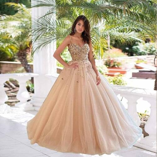 Sweet Peach Petals Beaded Long Prom Dresses Ball GownS Straps Tulle Sequins Formal Party Dance Dress MSHBLUE