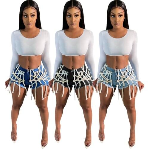 Fashion Girls Denim Shorts Summer Popular Tassels Zipper Hollow Out Bandage String Tassels High Waist Casual Jeans Street Wear