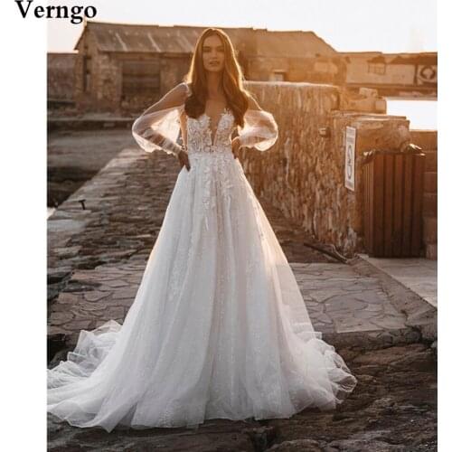 Verngo 2021 Elegant Lace Glitter A Line Wedding Dress Long Sleeves Off Shoulder Straps 3D Flowers Beach Country Bridal Gowns