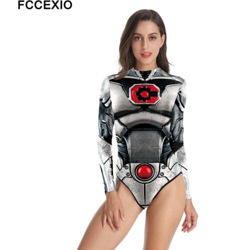 FCCEXIO Armor Equipment 3D Print Women One-Piece Swimsuit Summer Casual Long Sleeve Beachwear Bathing Suit Sexy Tight Swimwear