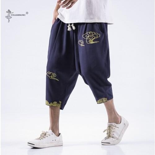 Japanese-style Printed Crane Kimono Mens Pants Loose-fitting Harajuku Trousers Asian Japanese Traditional Clothing Men Cotton