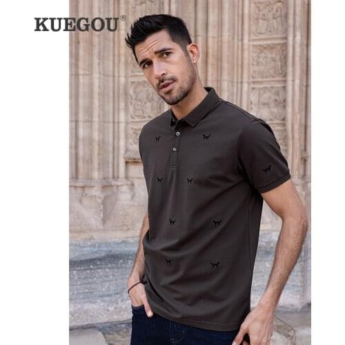KUEGOU 2021 Summer Embroidery Cotton Coffee Polo Shirt Men Fashion Short Sleeve Slim Fit For Male Brand Plus Size Clothing 90054