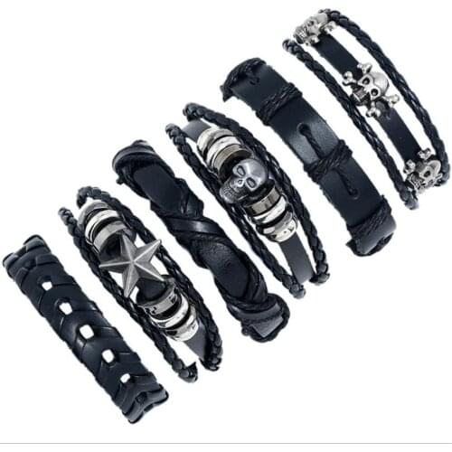 Punk Hippie Rock Skull Multilayer Leather Bracelets Fashion Skeleton Star Charm Braided Bangle Wrap Wristbands Men Women Jewelry