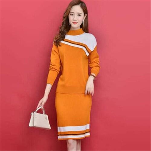 Wholesale Spring womens knitted sweater and skirt suit / Vintage style Autumn suit / long sleeve S-3XL