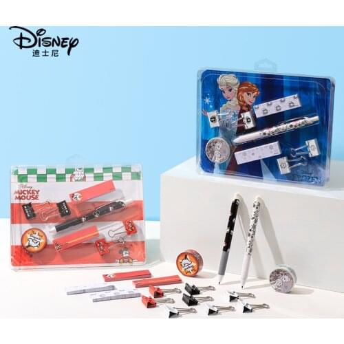 Disney Stationary Set Cartoon Elsa Mickey Ballpoint Pen Sticky Note Long Tail Clip Paper Tape Sets Pen Gift Set 8 Pcs