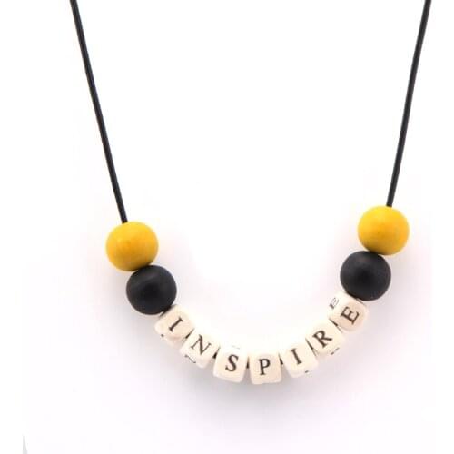 SANSHOOR Selected Letter Alphabet Wooden Necklace With 16mm Colorful Beads and 80cm Rope Chain Adjustable Cord Choker Bijoux