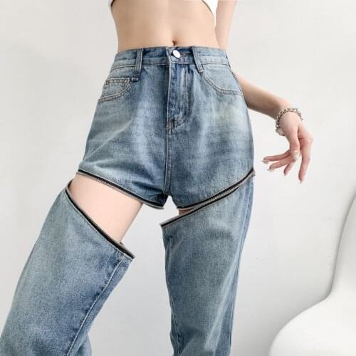Removable 2 wear way Women Straight Jeans Retro High Waist Slim Loose Ripped Wide-Leg Trousers Denim pants