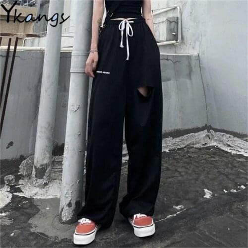 Baggy Streetwear Hole Jogger Sweatpants Women Solid Straight High Waist Straight Trousers Casual Drawstring Hip Hop Pants Female