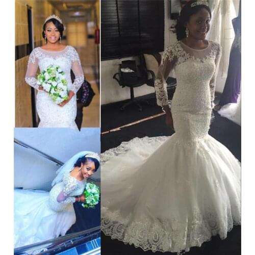 Mermaid Wedding Dresses Long Sleeve 2021 Plus Size African Nigeria Lace Appliqued Beads bridal Wedding Gowns robes de mariée