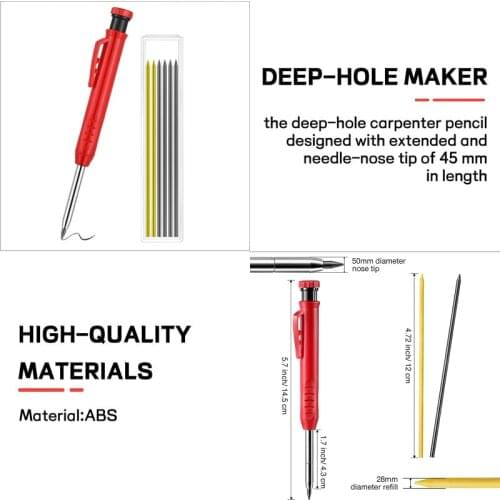 Solid Carpenter Pencil Set with 7 Refill Leads, Built-in Sharpener, Deep Hole Mechanical Pencil Marker Marking Tool