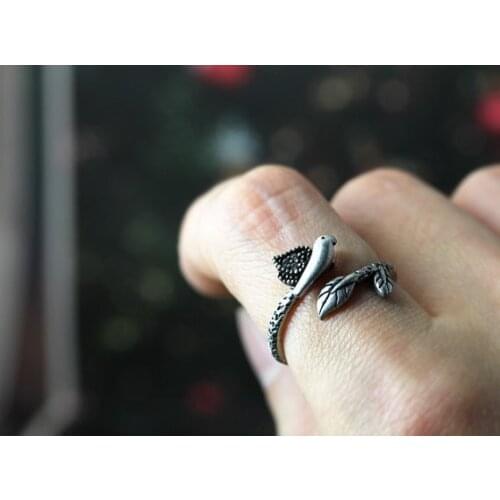 Retro Burnished Bird and Branch Ring Ancient Silver Nature Theme Jewelry Adjustable Free Size