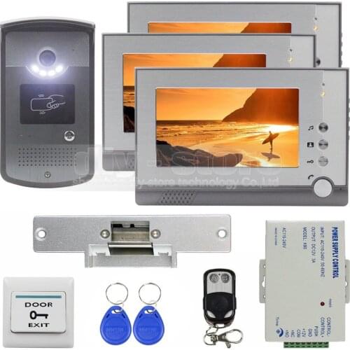 DIYSECUR Strike Lock Video Door Phone Doorbell Video Intercom Remote Control RFID Metal Outdoor Camera 1 Camera 3 Monitors