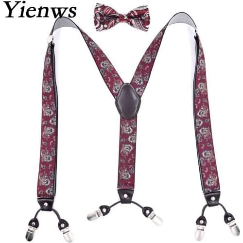 Yienws Bretele Mens Suspenders And Bow Tie Cashew Flowers Leather Suspender Mans Braces for Trousers 125cm Bretels Mannen YiA006
