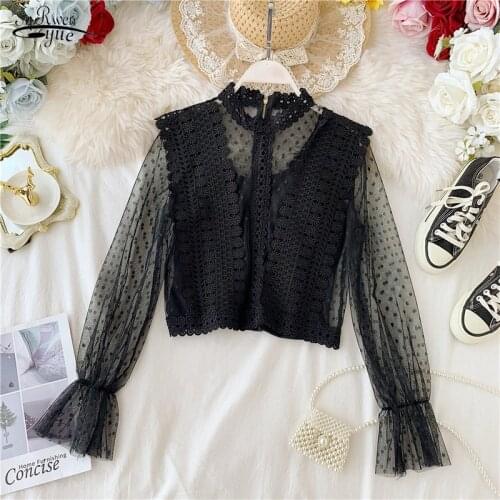 2021 New Flare Sleeve Solid Color Vintage Long Sleeve Princess Shirt Embroidery Lace Flower Mesh Splicing Blouse for Women 16030