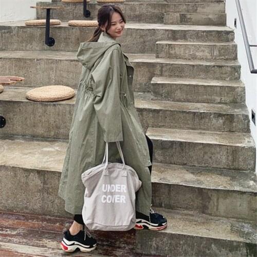Trench Coat 2021 Spring New Hooded British Style Long Windbreaker Fashion Oversized Military BF Casua Outwear Women