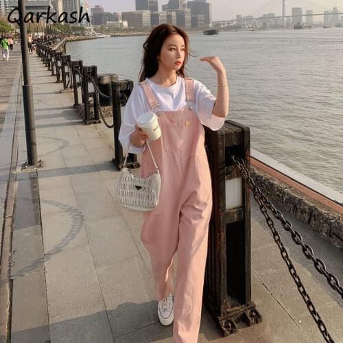 Jumpsuits Women Vintage Washed Ins Pink Retro Denim College 2021 Overalls Preppy All-match BF Spring Chic Solid Streetwear Sweet
