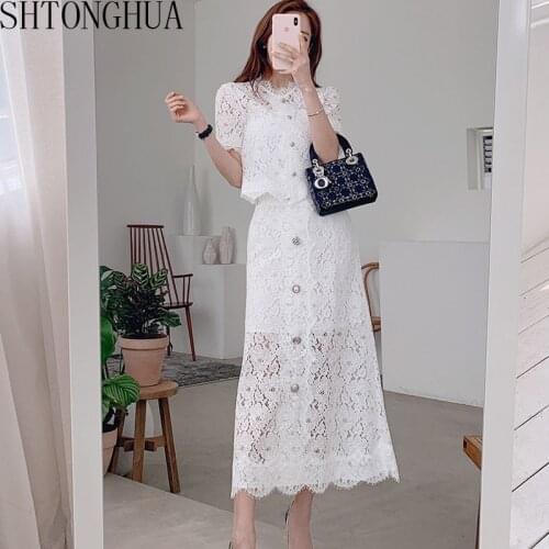 2020Summer Hollow out Lace Women Short Sleeve Shirt Top + Single Breasted A-Line Drees Office Casual Sweet Patchwork 2-piece Set