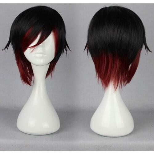 35cm Short Ruby Rose Cosplay Hair for Men Japanese Cartoon RWBY Black Red Mixed Anime Cosplay Hair Hair Costume Party