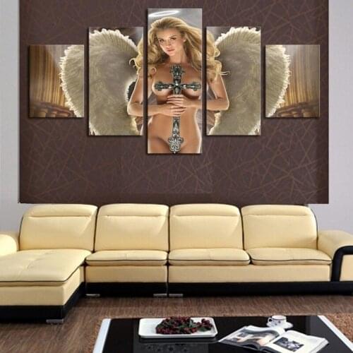 5 Pcs Canvas Pictures Print Wall Art Canvas Naked Angel A Vast Pair of Feathered Paintings Wall Decor for Living Room Unframe