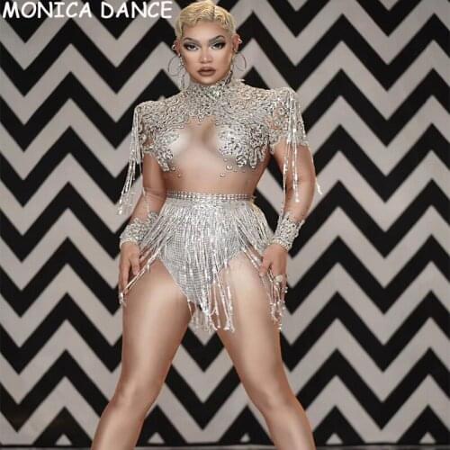 Nightclub Flashing Silver Sequin Fringe Rhinestone Spandex Bodysuit Women Dancer Show Wear High-neck Outfit Birthday Bodysuit